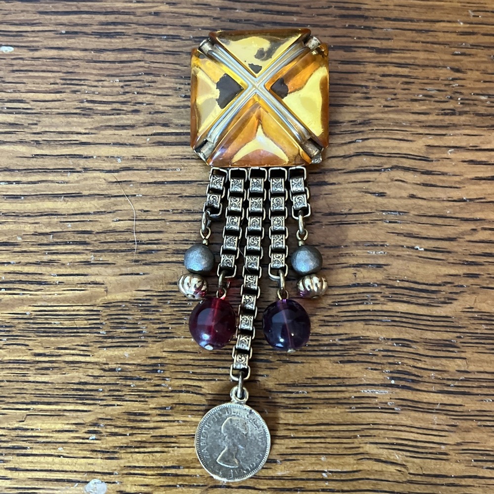 Vintage Assemblage Brooch Lucite Amber Cabochon w/ 1953 Canada Penny Dangle
